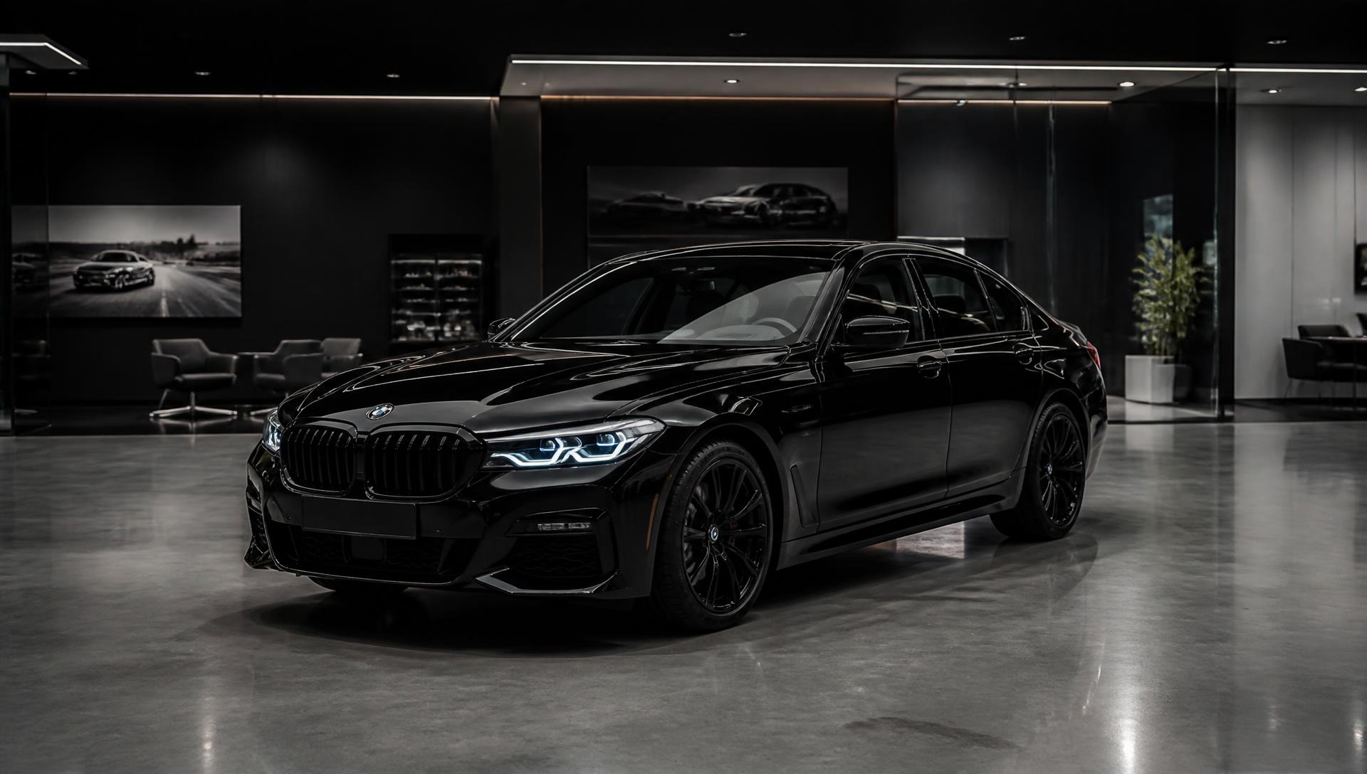 Premium black sedan in a modern showroom